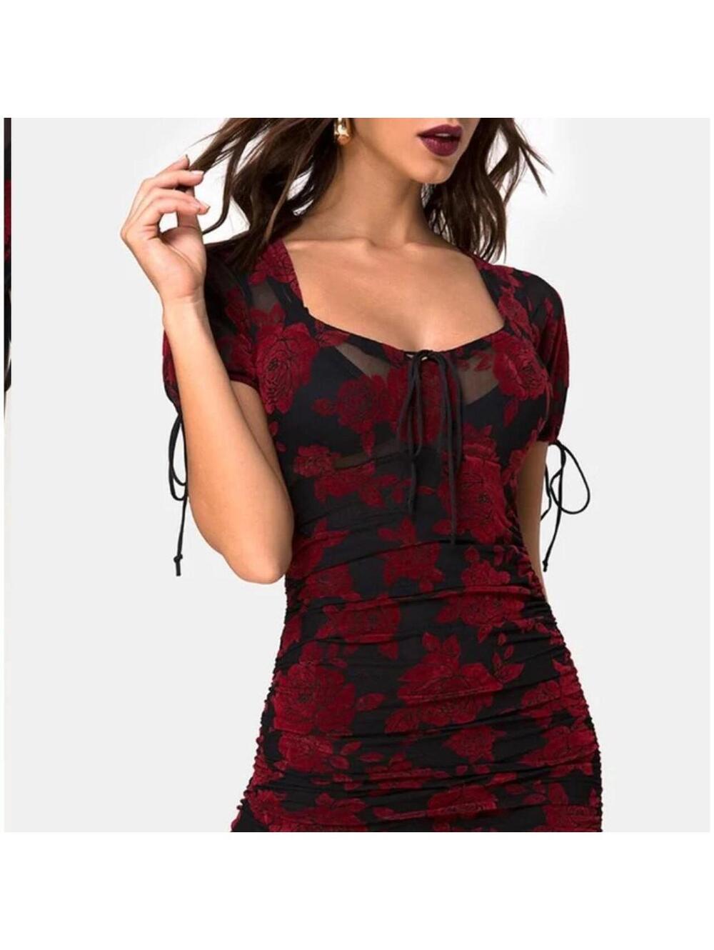 NWT Motel Rocks red flocked velvet black mesh bodycon XS Vampy Goth Alt